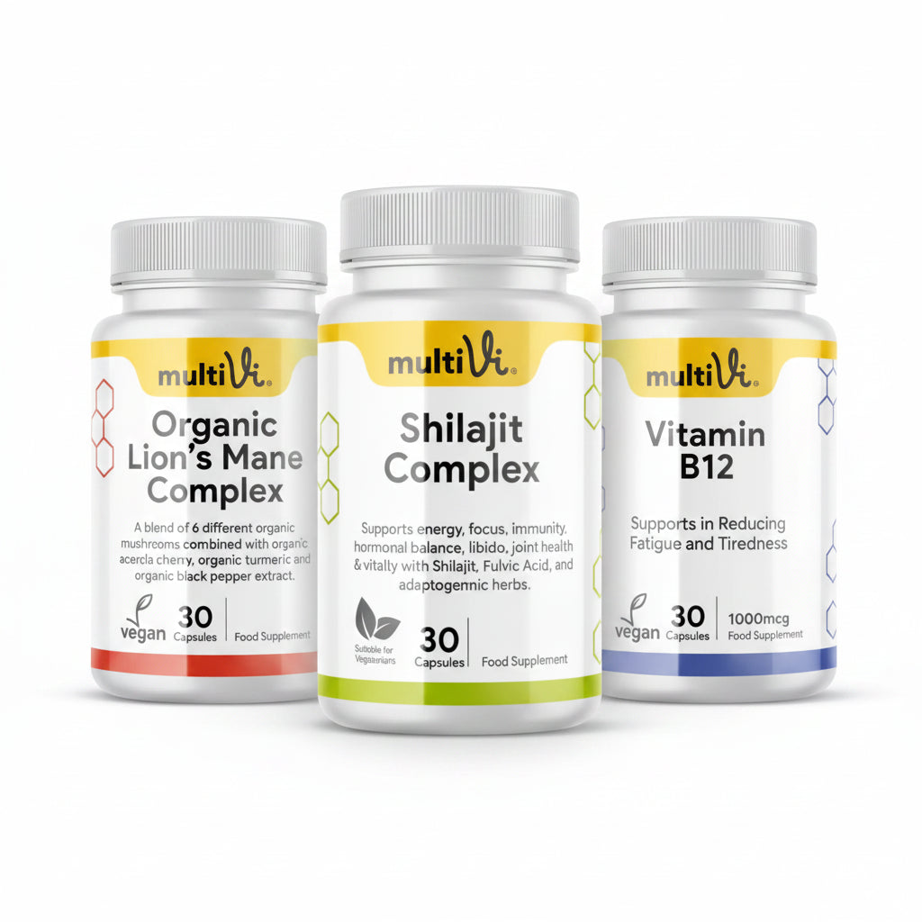 Pack Énergie & Focus – 3 Compléments : Vitamine B12, Lion’s Mane & Shilajit